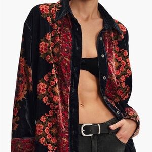 Free People Black Velvet Floral Button-Up Blouse with Red Floral Pattern